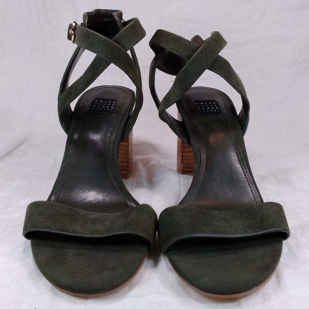 White House Black Market Marlo Olive Suede SANDALS Womens Size 6.5M Chunky Heels - Picture 2 of 12